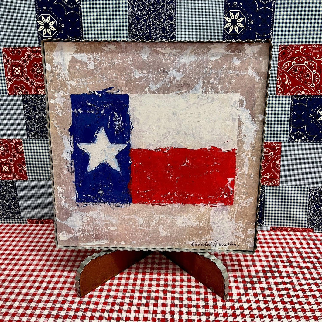 Texas Flag print framed in corrugated metal with a matching picture stand.