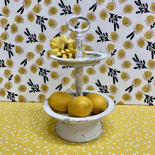 Metal distressed white tiered tray with decorative lemons and sunflower