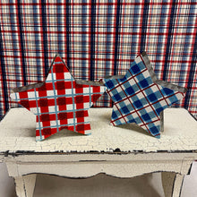 Load image into Gallery viewer, Two Sided Star Box Sign with red and blue patterns.
