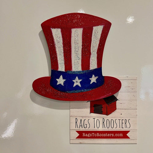 Uncle Sam Hat Magnet for your refrigerator in sparkly red white and blue.