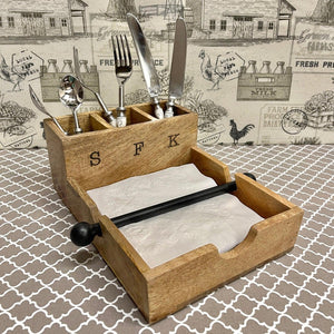 Wood Napkin & Utensil Holder with bins for spoons, forks and knives.