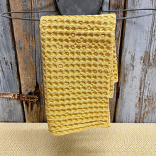 Load image into Gallery viewer, Vintage Style Washed Cotton Dishtowels in a mustard yellow color with a waffle design.