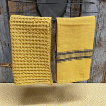 Load image into Gallery viewer, Vintage Style Washed Cotton Dishtowels in a mustard yellow color with a waffle or striped design.