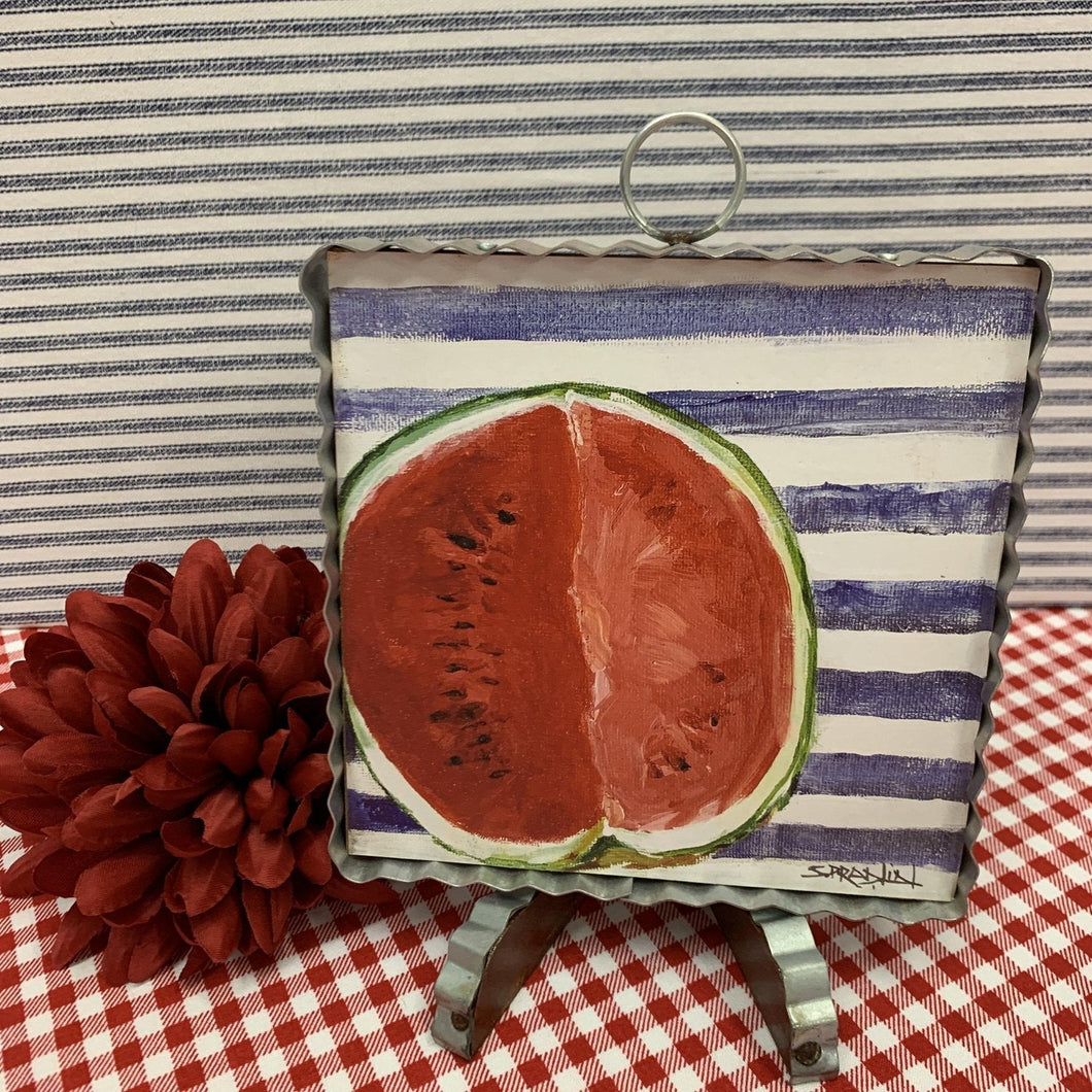 Framed watermelon print with corrugated metal frame