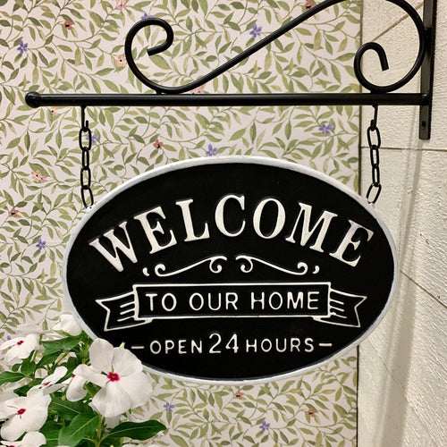 Double sided black and white metal Welcome sign with hanging bracket