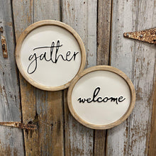 Load image into Gallery viewer, Round wood framed enamel signs with raised lettering
