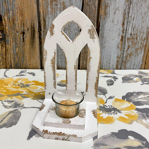 Arched Wooden Votive Candle Holder with farmhouse distressing.