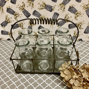 Milk bottle flower jars with metal holder and coil handle