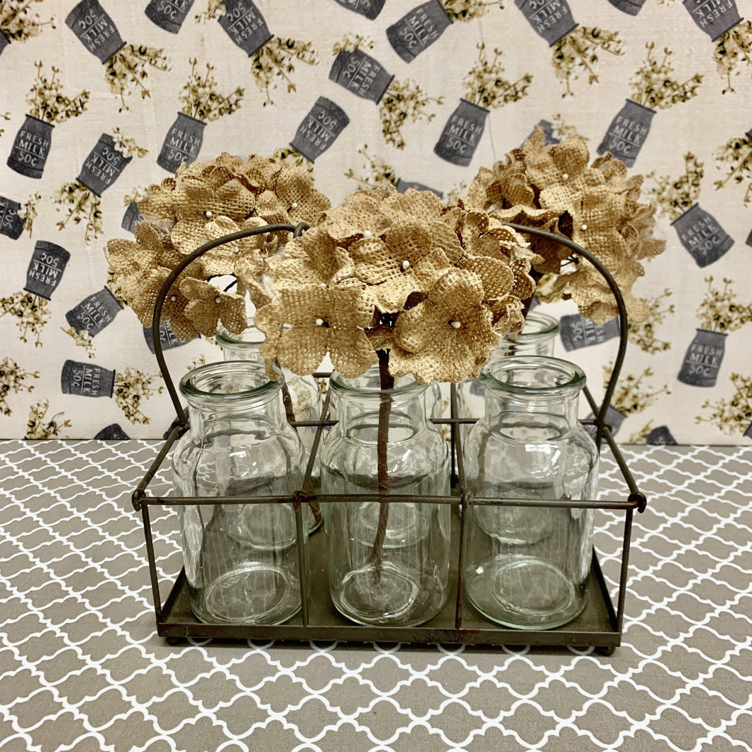 Milk bottle flower jars with metal holder and coil handle