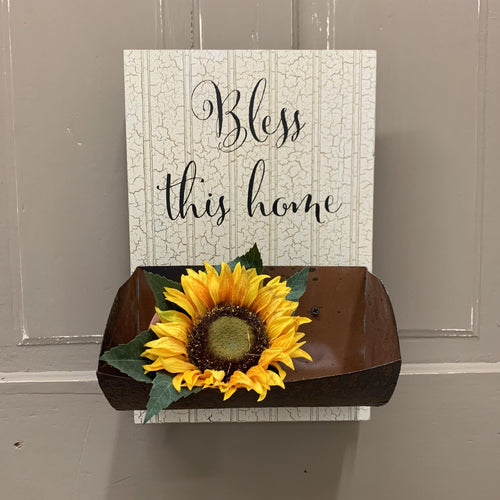 Bless This Home wood sign with rusty planter